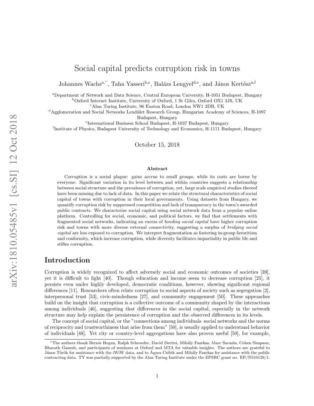 Social Capital Predicts Corruption Risk in Towns