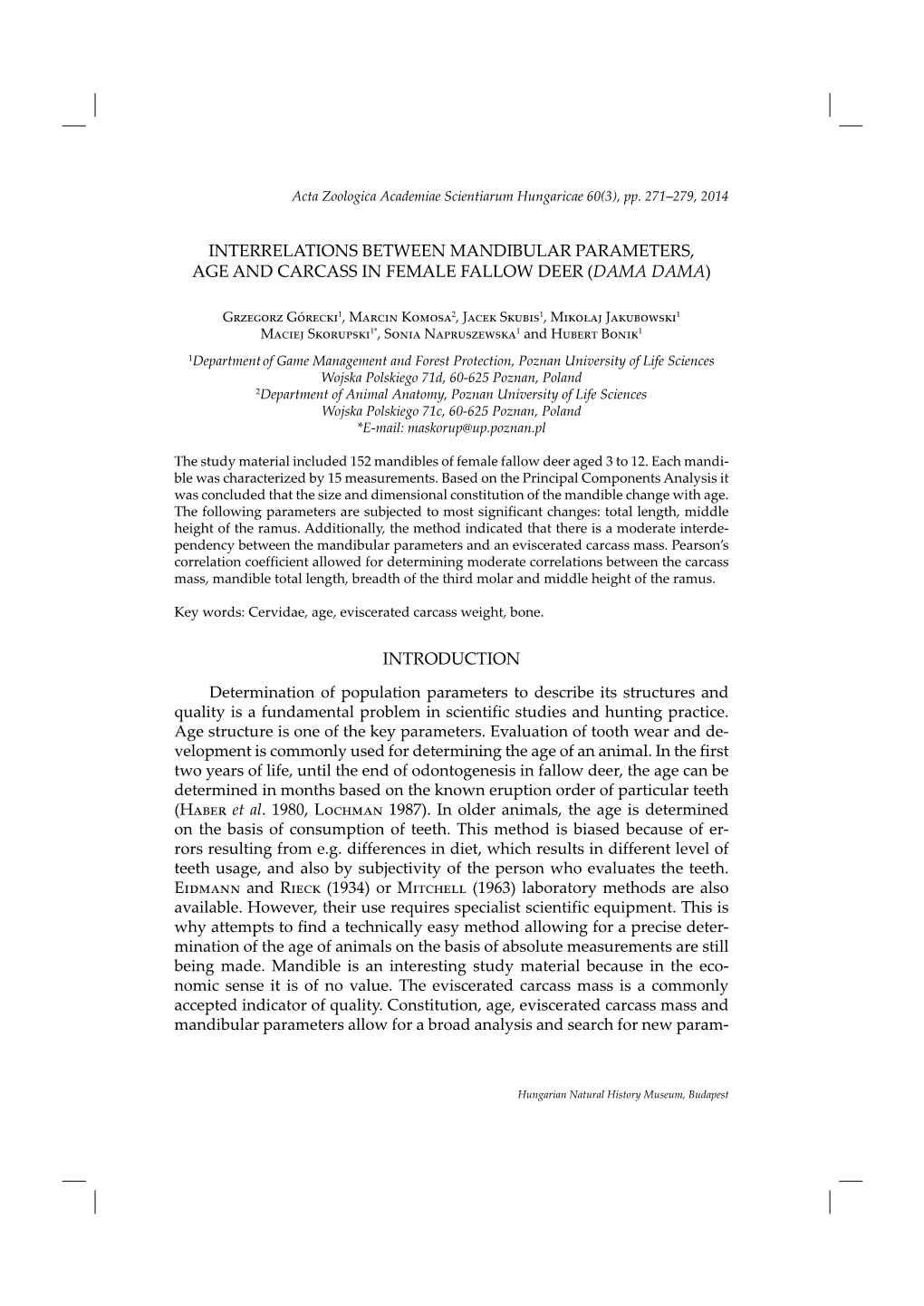 Interrelations Between Mandibular Parameters, Age and Carcass in Female Fallow Deer (Dama Dama)