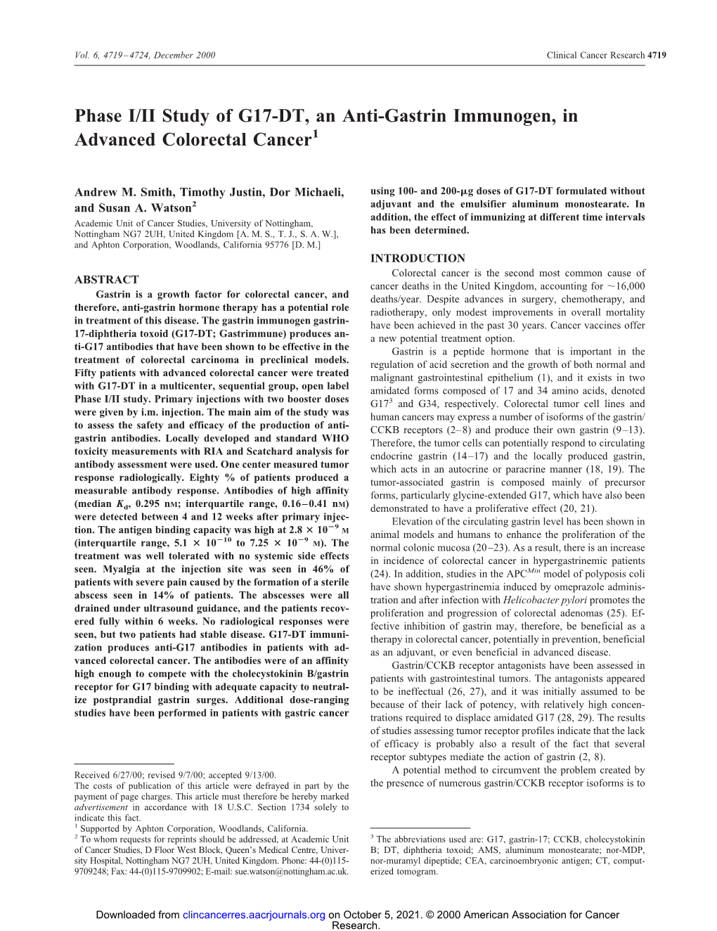 Phase I/II Study of G17-DT, an Anti-Gastrin Immunogen, in Advanced Colorectal Cancer1