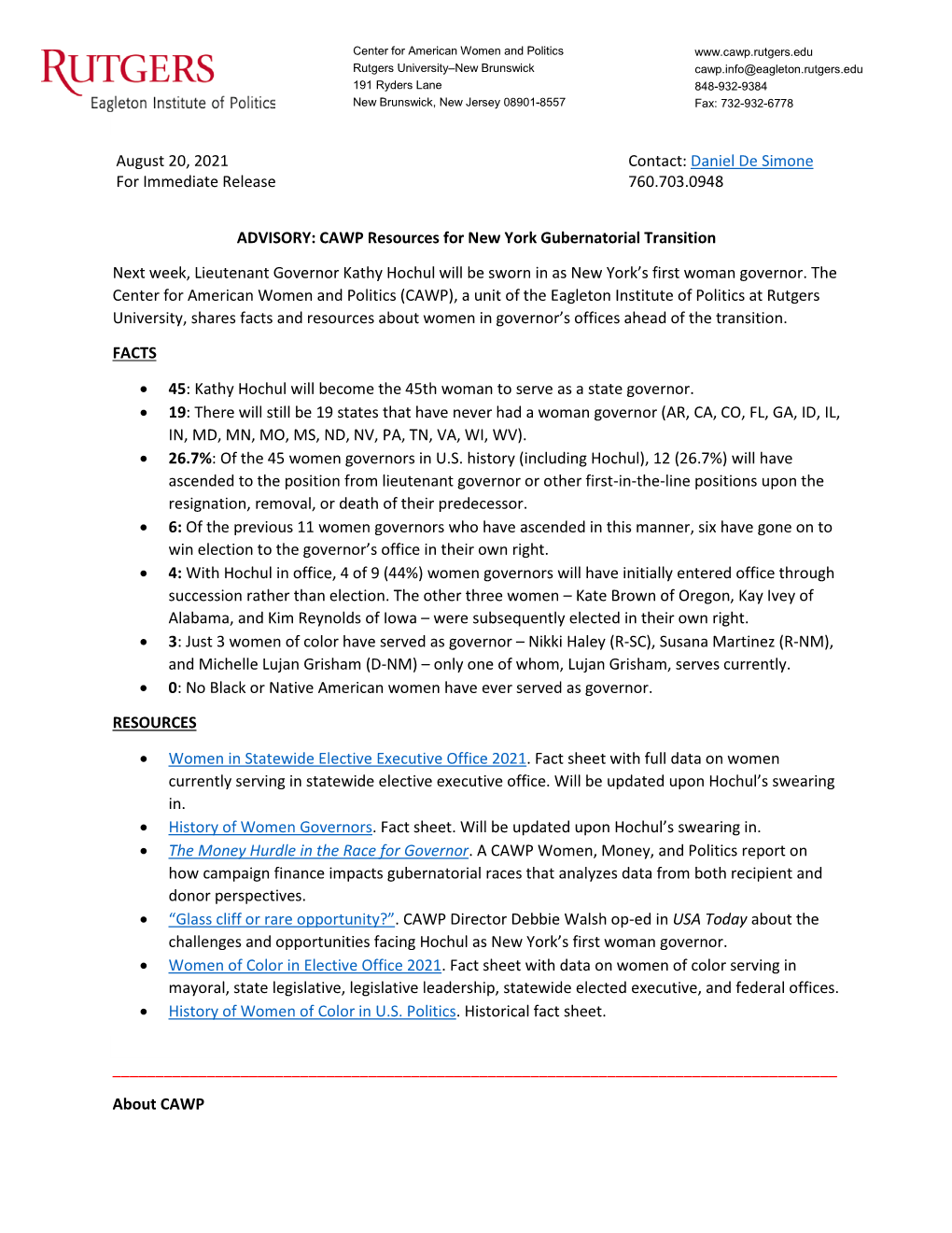 CAWP Resources for New York Gubernatorial Transition Next Week, Lieutenant Governor Kathy Hochul Will Be Sworn in As New York’S First Woman Governor