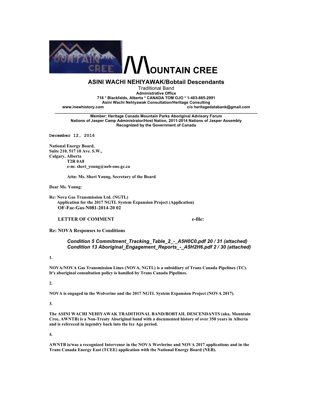 MOUNTAIN CREE Position Paper NOVA GAS TRANSMISSION LTD. 2017 System Expansion Project National Energy Board Hearings 2015