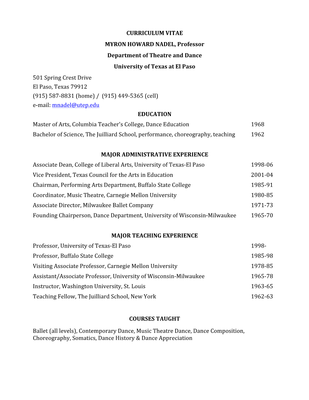 Curriculum Vitae Two Page 2016