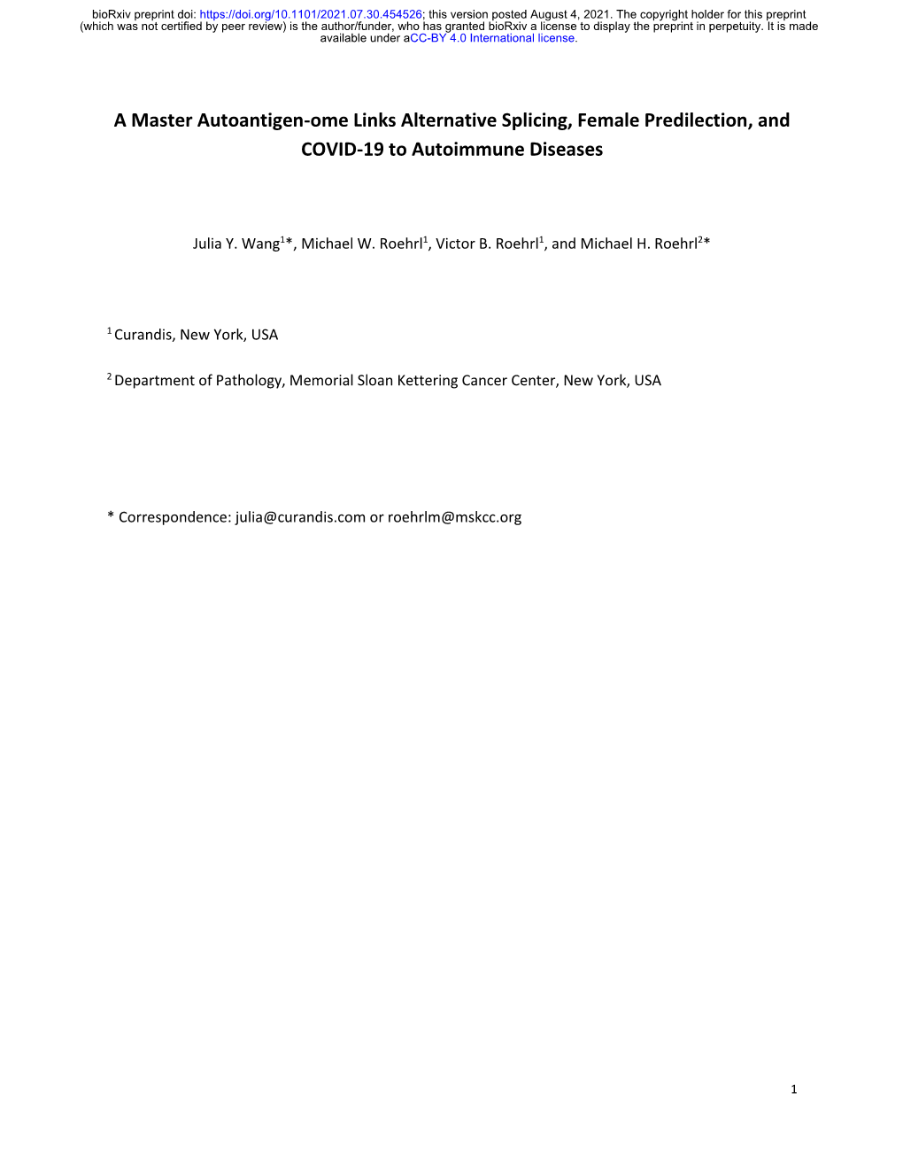 A Master Autoantigen-Ome Links Alternative Splicing, Female Predilection, and COVID-19 to Autoimmune Diseases