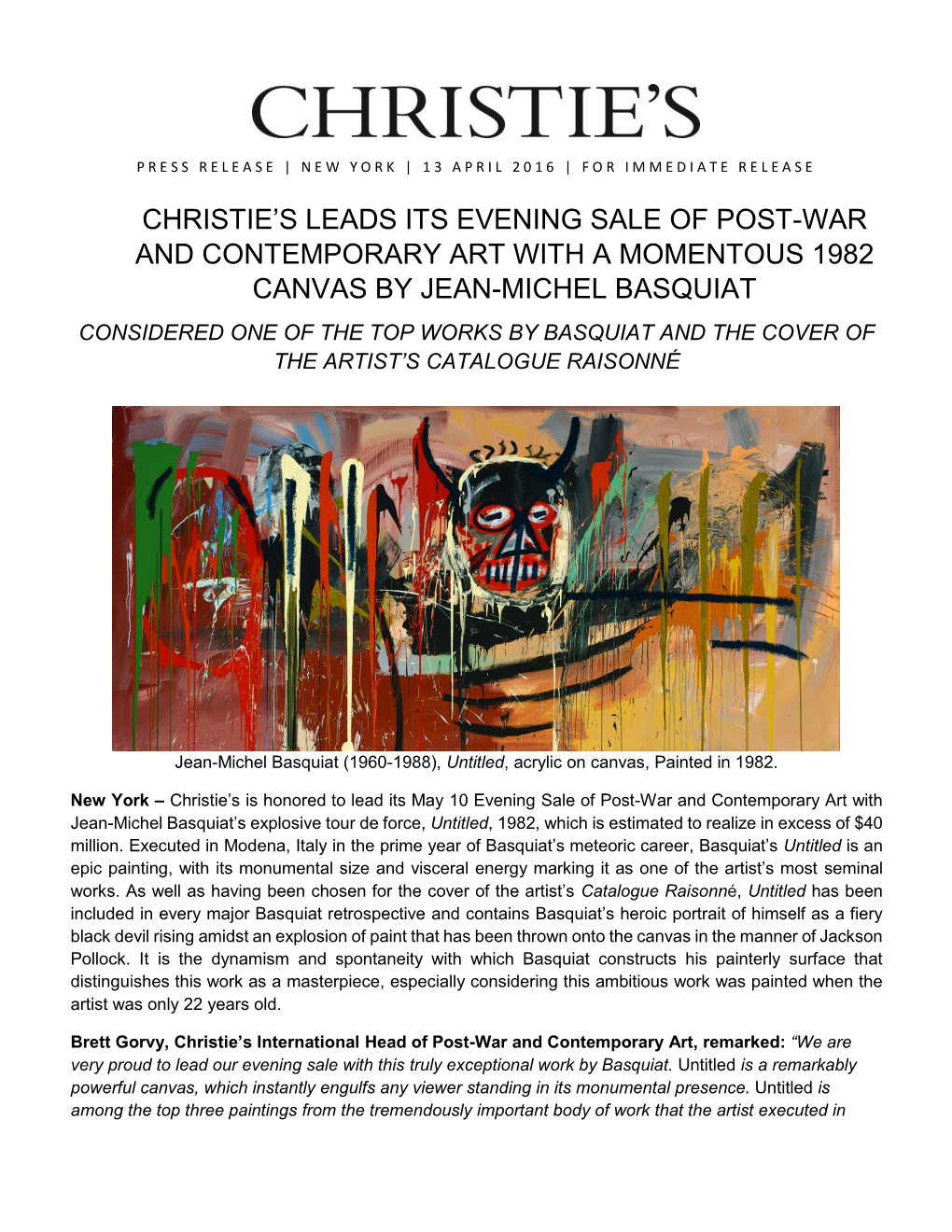 Christie's Leads Its Evening Sale of Post-War And