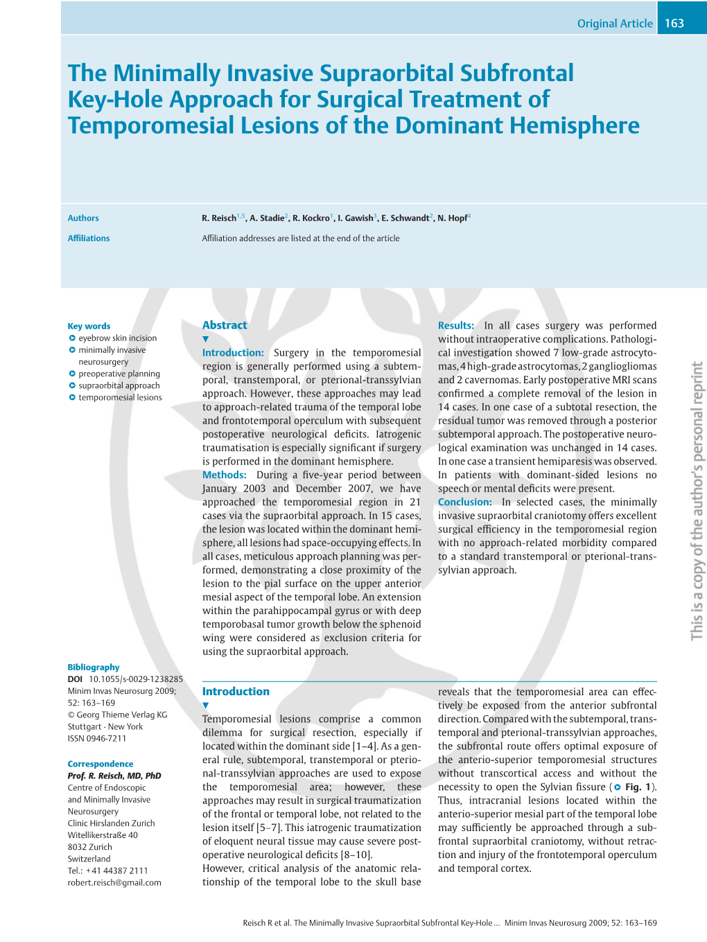 The Minimally Invasive Supraorbital Subfrontal Key-Hole Approach for Surgical Treatment of Temporomesial Lesions of the Dominant Hemisphere