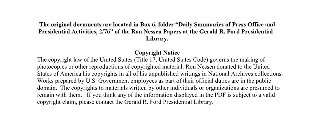 Daily Summaries of Press Office and Presidential Activities, 2/76” of the Ron Nessen Papers at the Gerald R