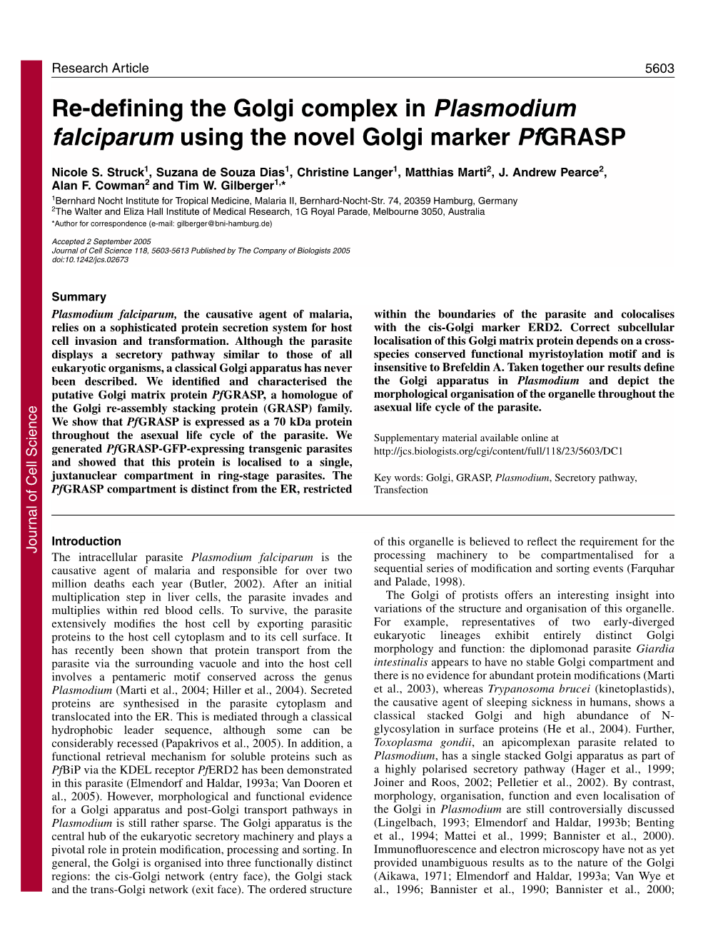 Re-Defining the Golgi Complex in Plasmodium Falciparum Using the Novel Golgi Marker Pfgrasp