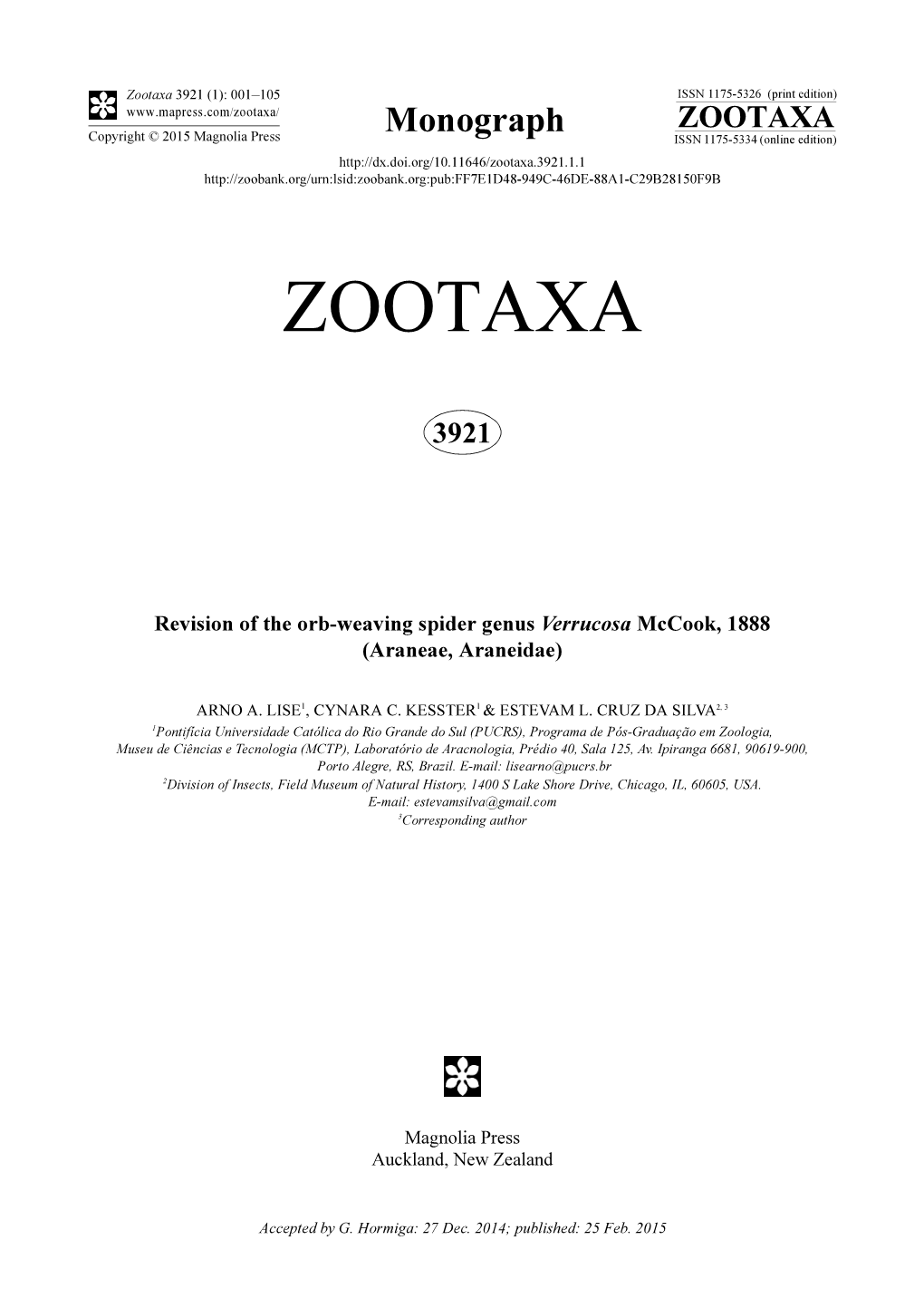 Revision of the Orb-Weaving Spider Genus Verrucosa Mccook, 1888 (Araneae, Araneidae)