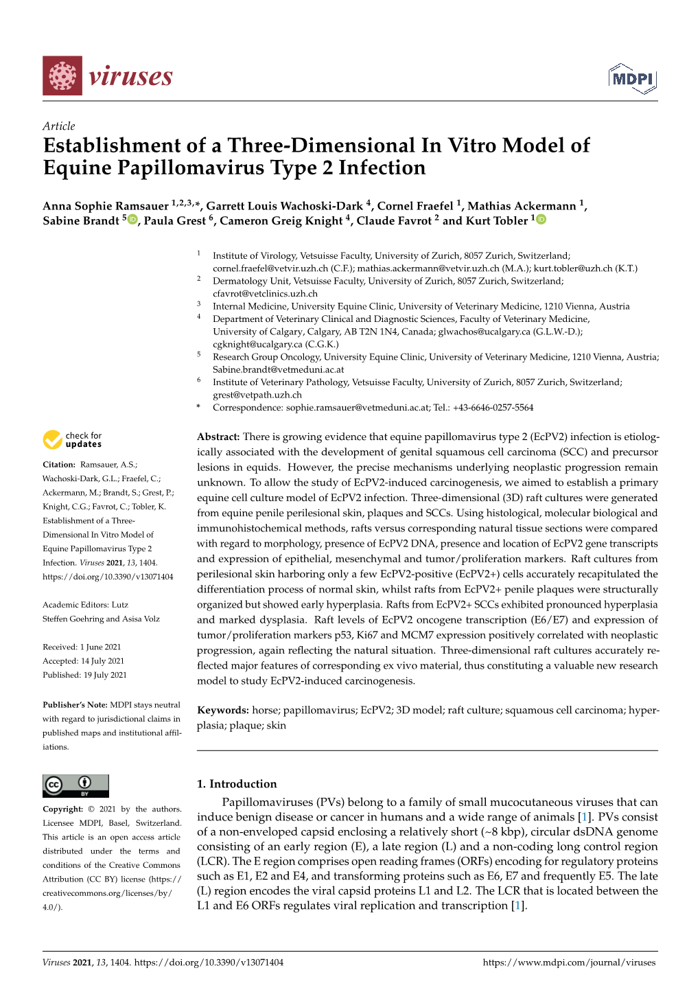 Establishment of a Three-Dimensional in Vitro Model of Equine Papillomavirus Type 2 Infection