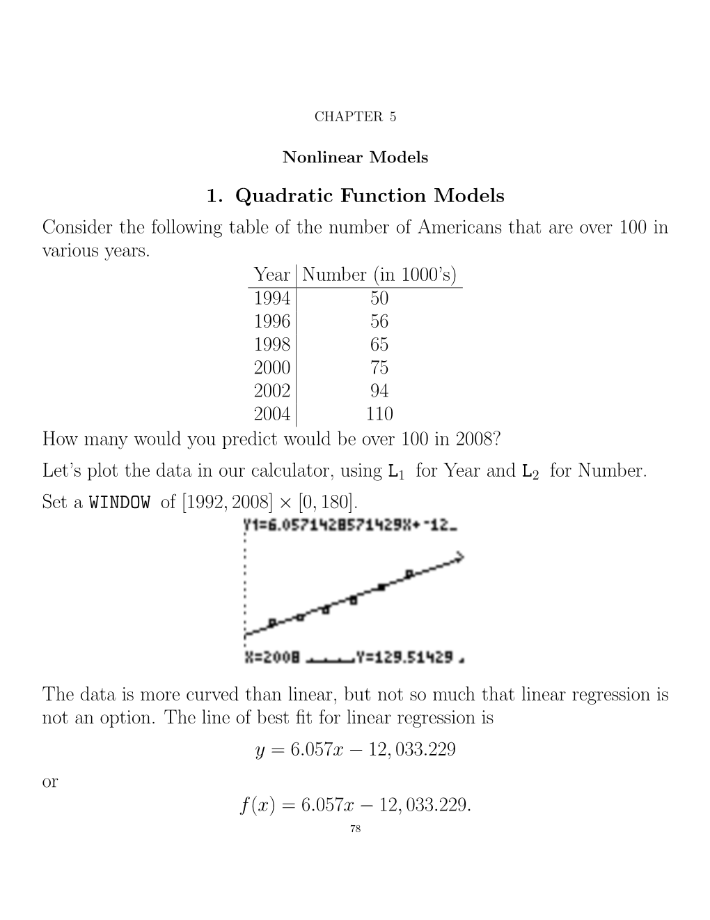 1. Quadratic Function Models Consider the Following Table of the Number of Americans That Are Over 100 in Various Years