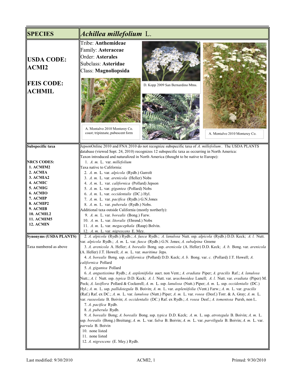 Achillea Millefolium L. Tribe: Anthemideae Family: Asteraceae USDA CODE: Order: Asterales Subclass: Asteridae ACMI2 Class: Magnoliopsida