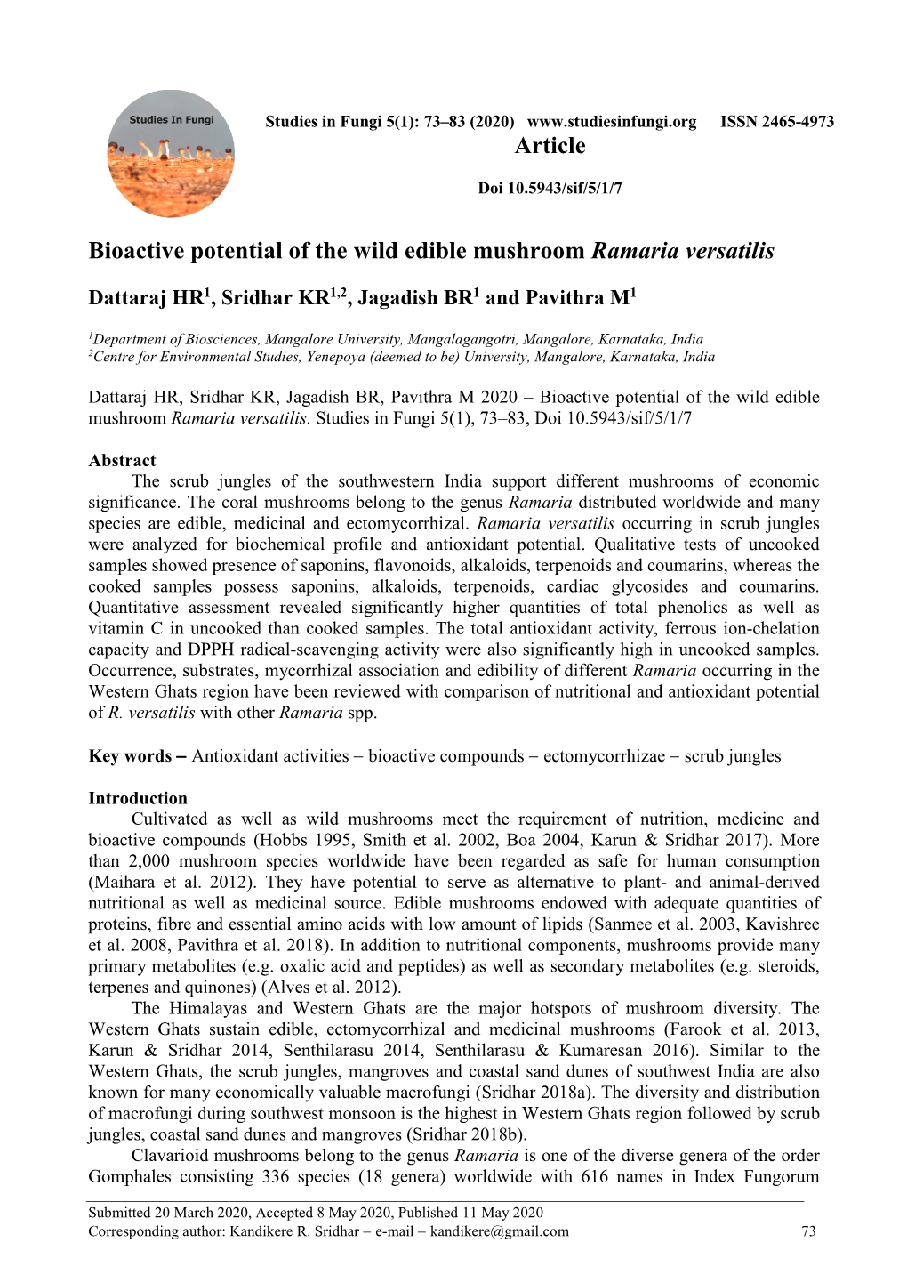 Bioactive Potential of the Wild Edible Mushroom Ramaria Versatilis Article