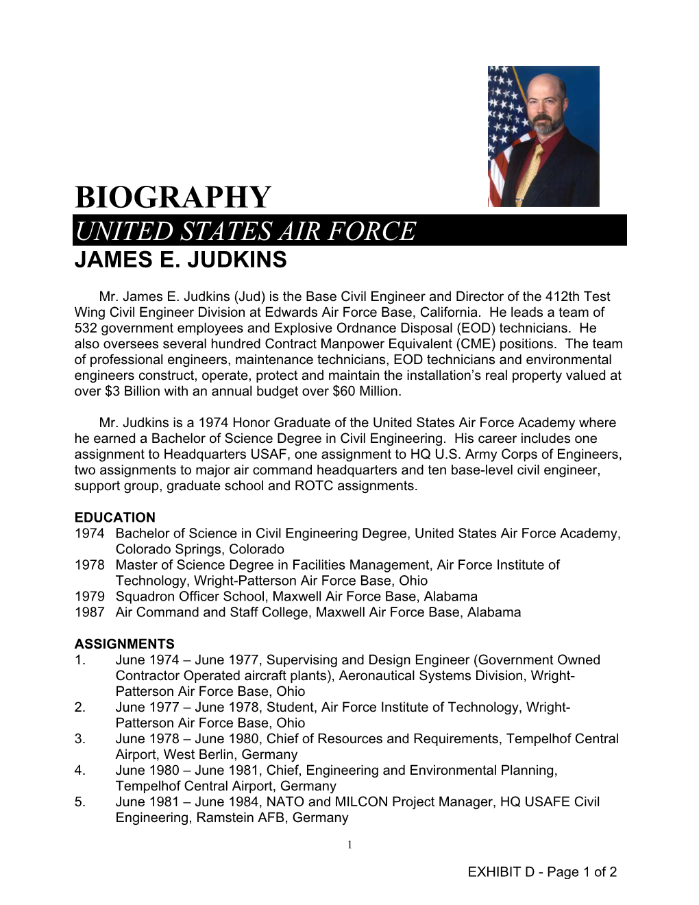 Biography United States Air Force James E. Judkins