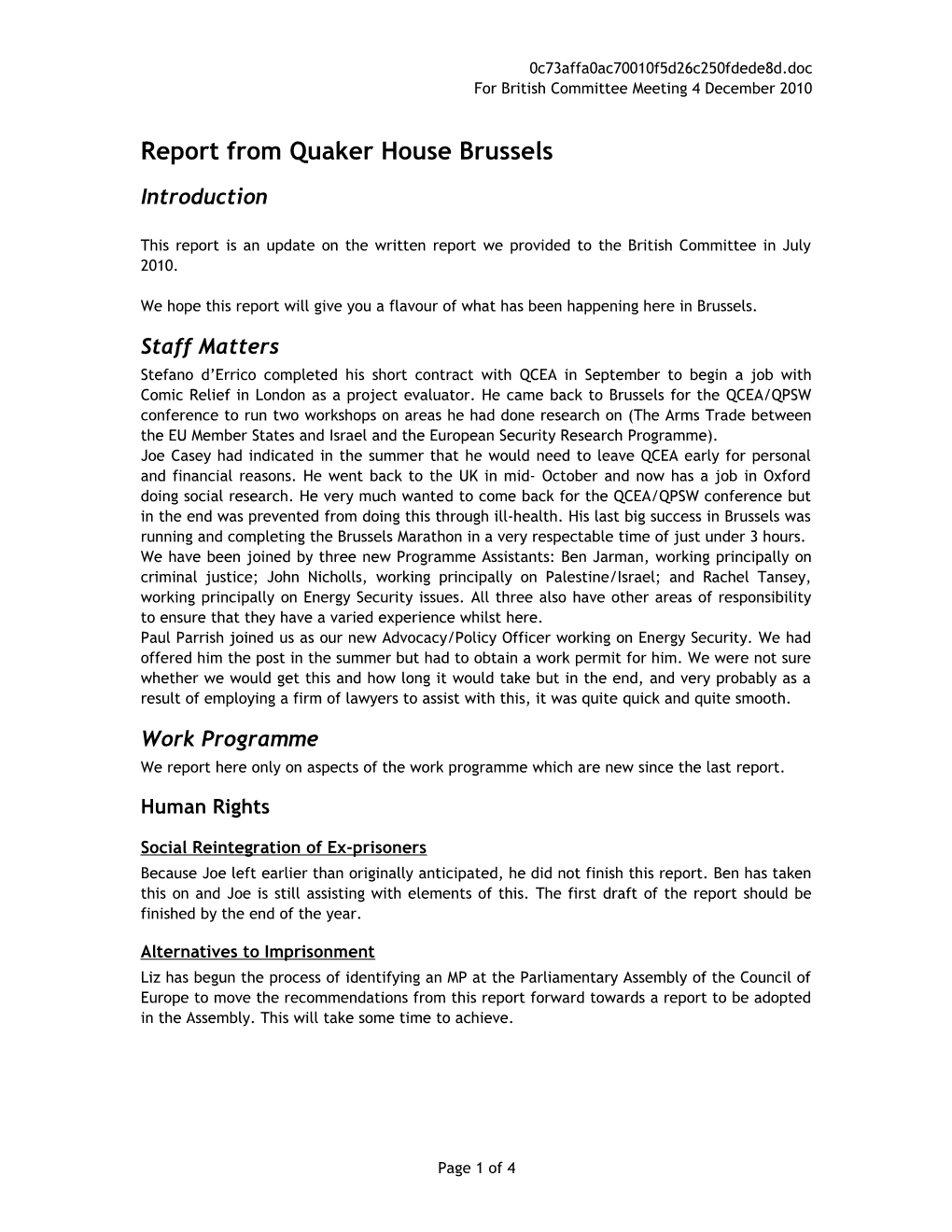 Report from Quaker House Brussels