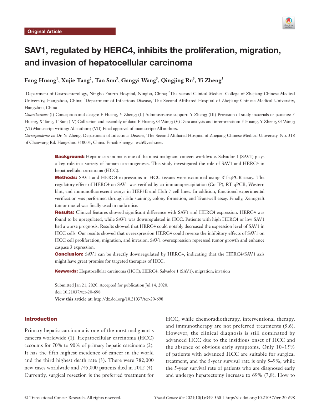 SAV1, Regulated by HERC4, Inhibits the Proliferation, Migration, and Invasion of Hepatocellular Carcinoma