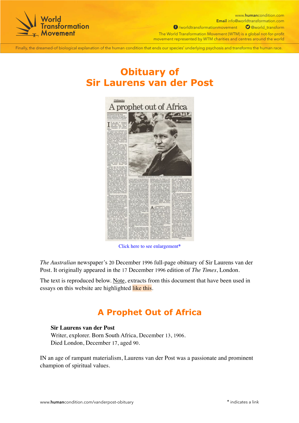 Obituary of Sir Laurens Van Der Post