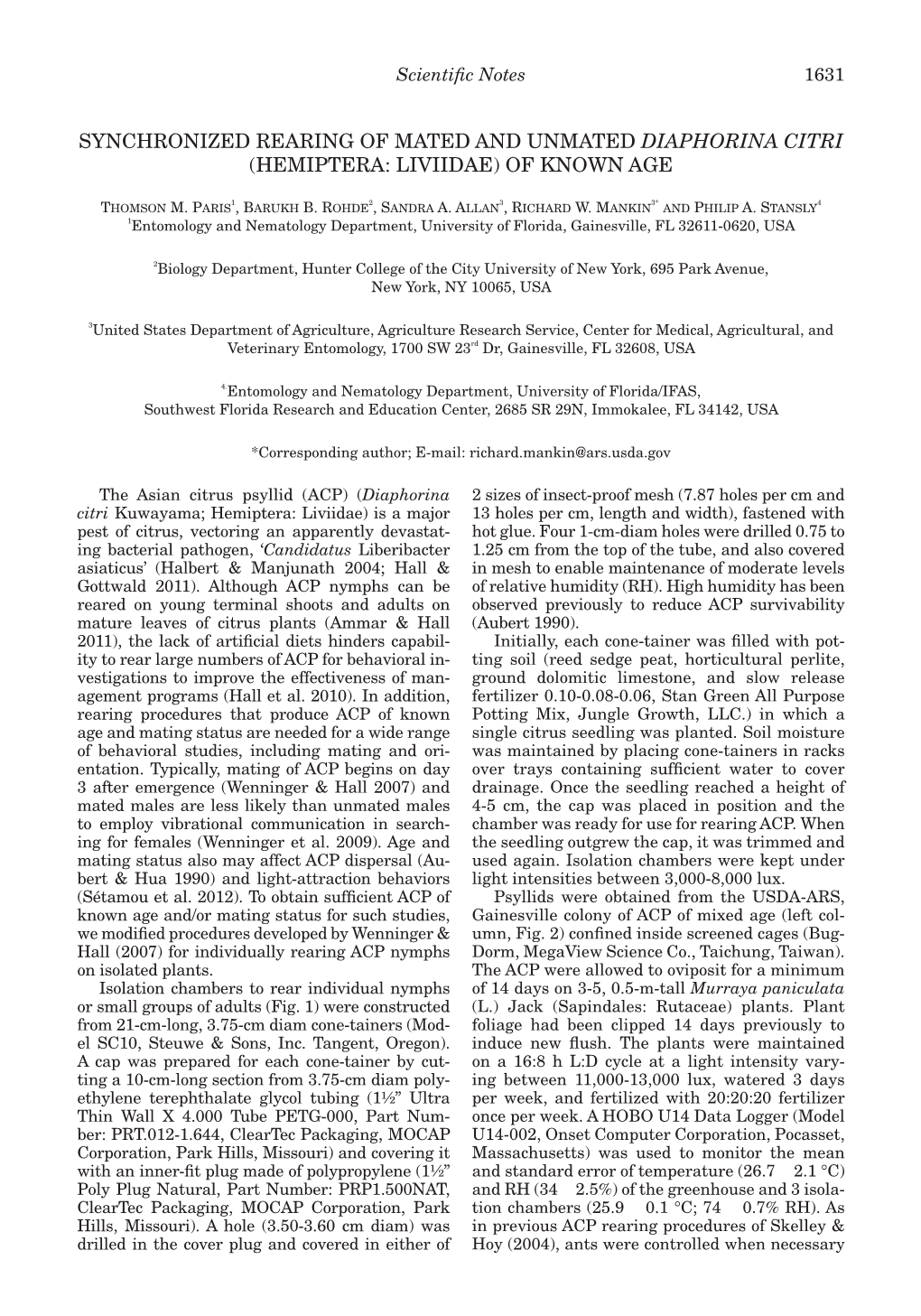 Synchronized Rearing of Mated and Unmated Diaphorina Citri (Hemiptera: Liviidae) of Known Age