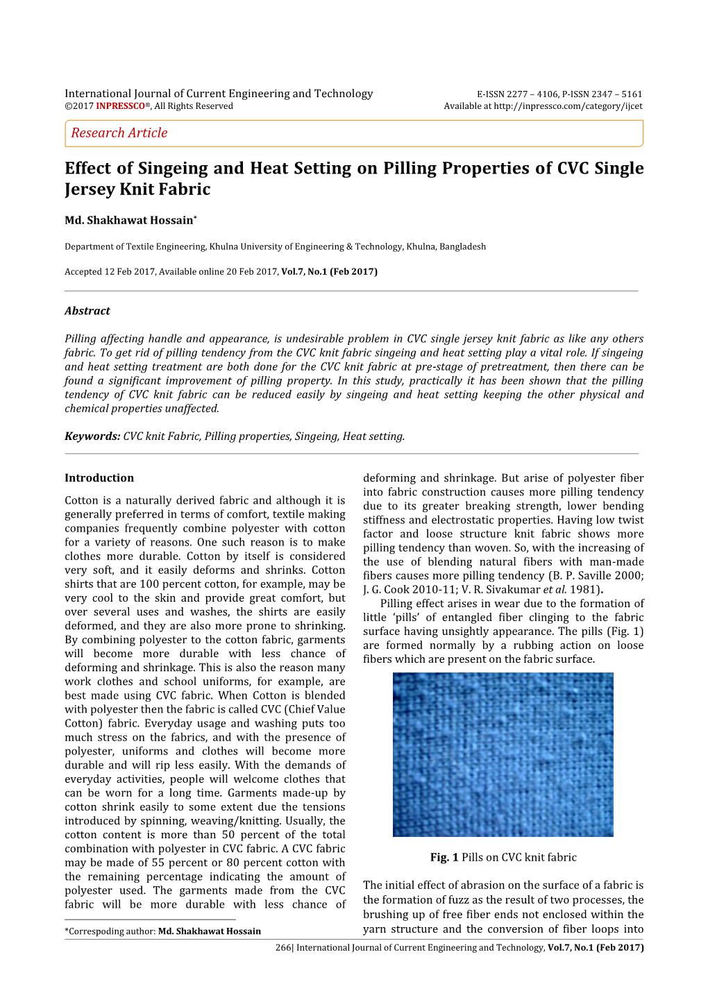 Effect of Singeing and Heat Setting on Pilling Properties of CVC Single Jersey Knit Fabric
