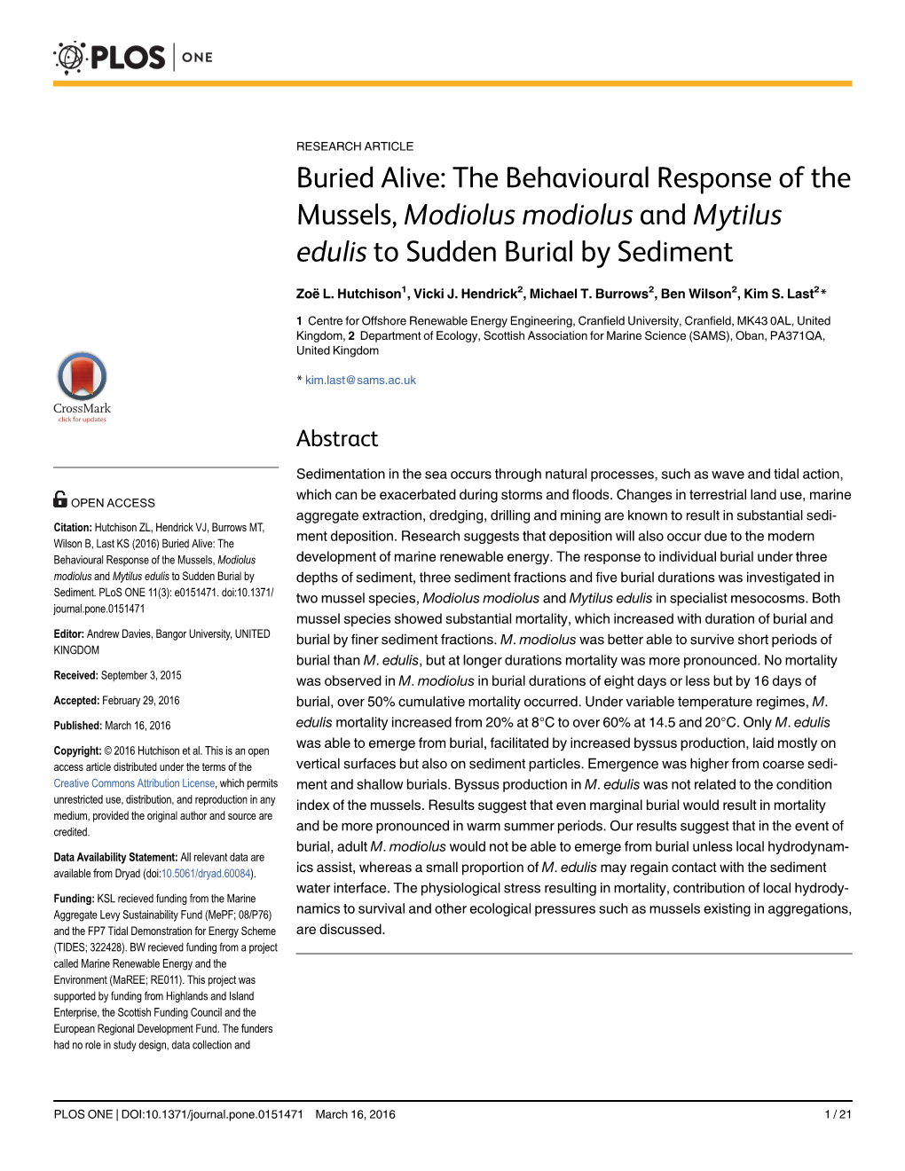 Buried Alive: the Behavioural Response of the Mussels, Modiolus Modiolus and Mytilus Edulis to Sudden Burial by Sediment