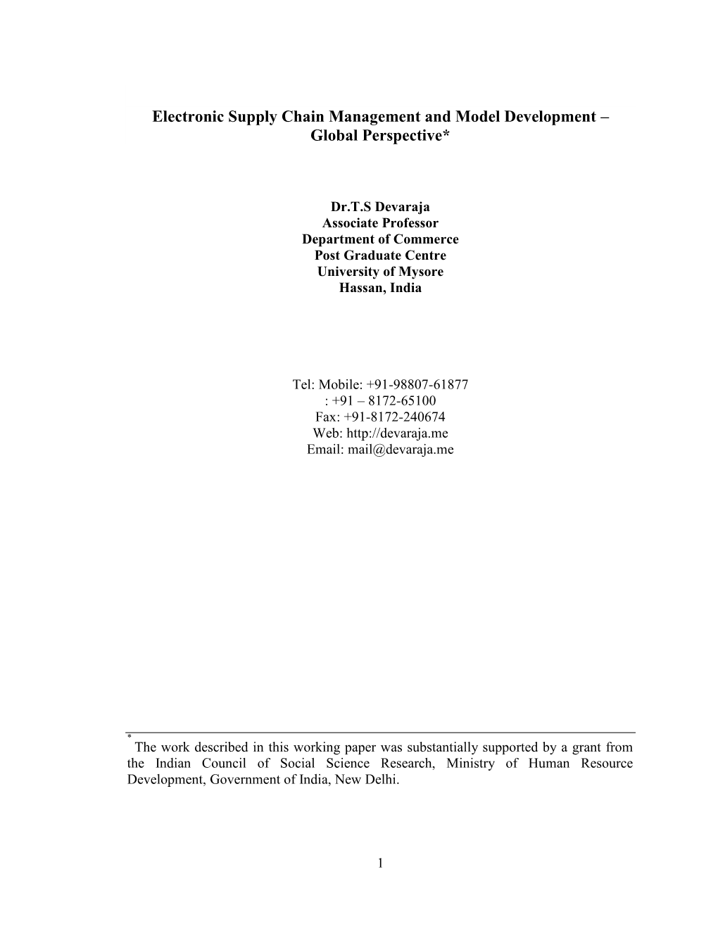 Electronic Supply Chain Management and Model Development – Global Perspective*