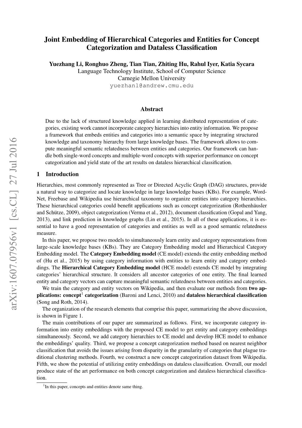 Joint Embedding of Hierarchical Categories and Entities for Concept Categorization and Dataless Classification