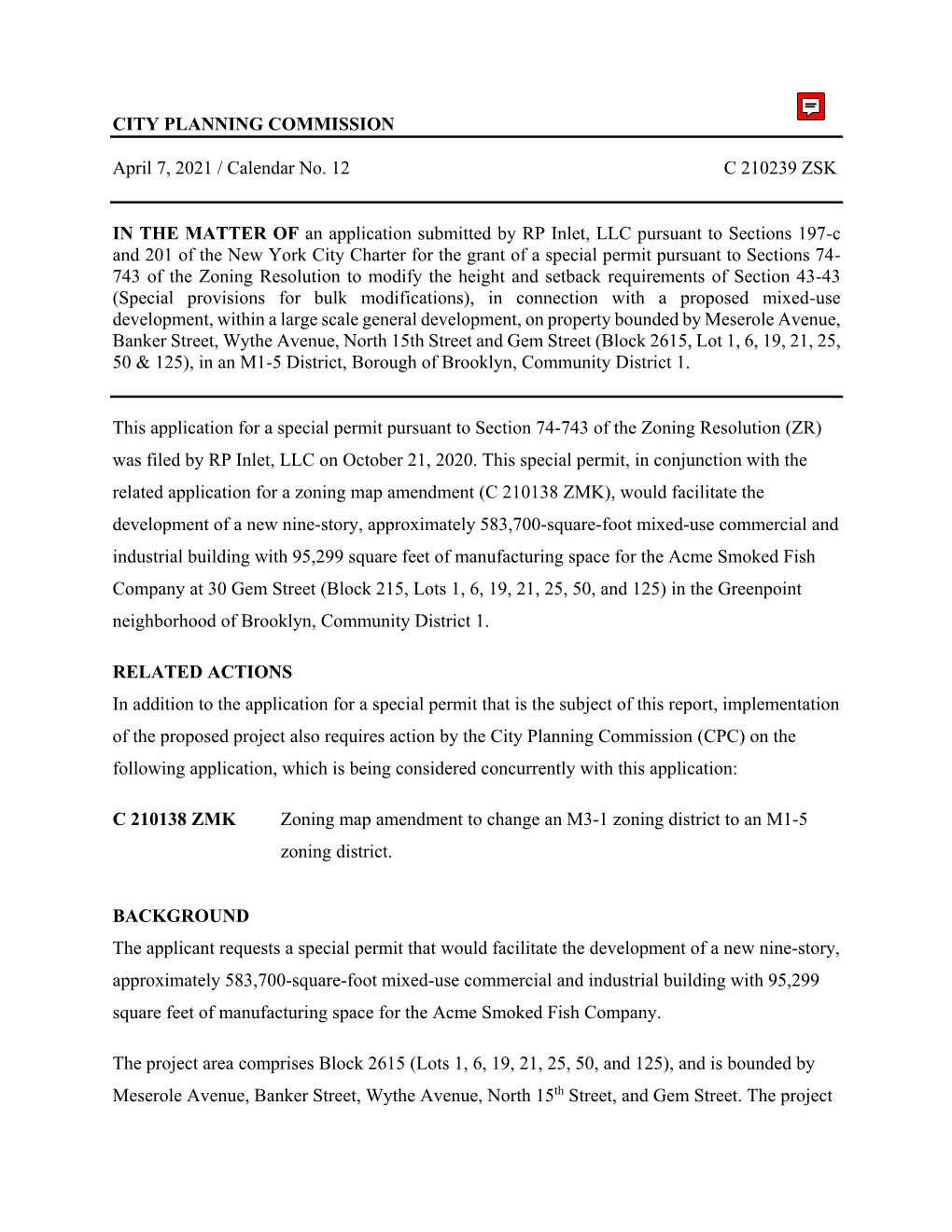 Acme Smoked Fish/Gem Street Rezoning – 210138 Zmk, 210139 Zsk