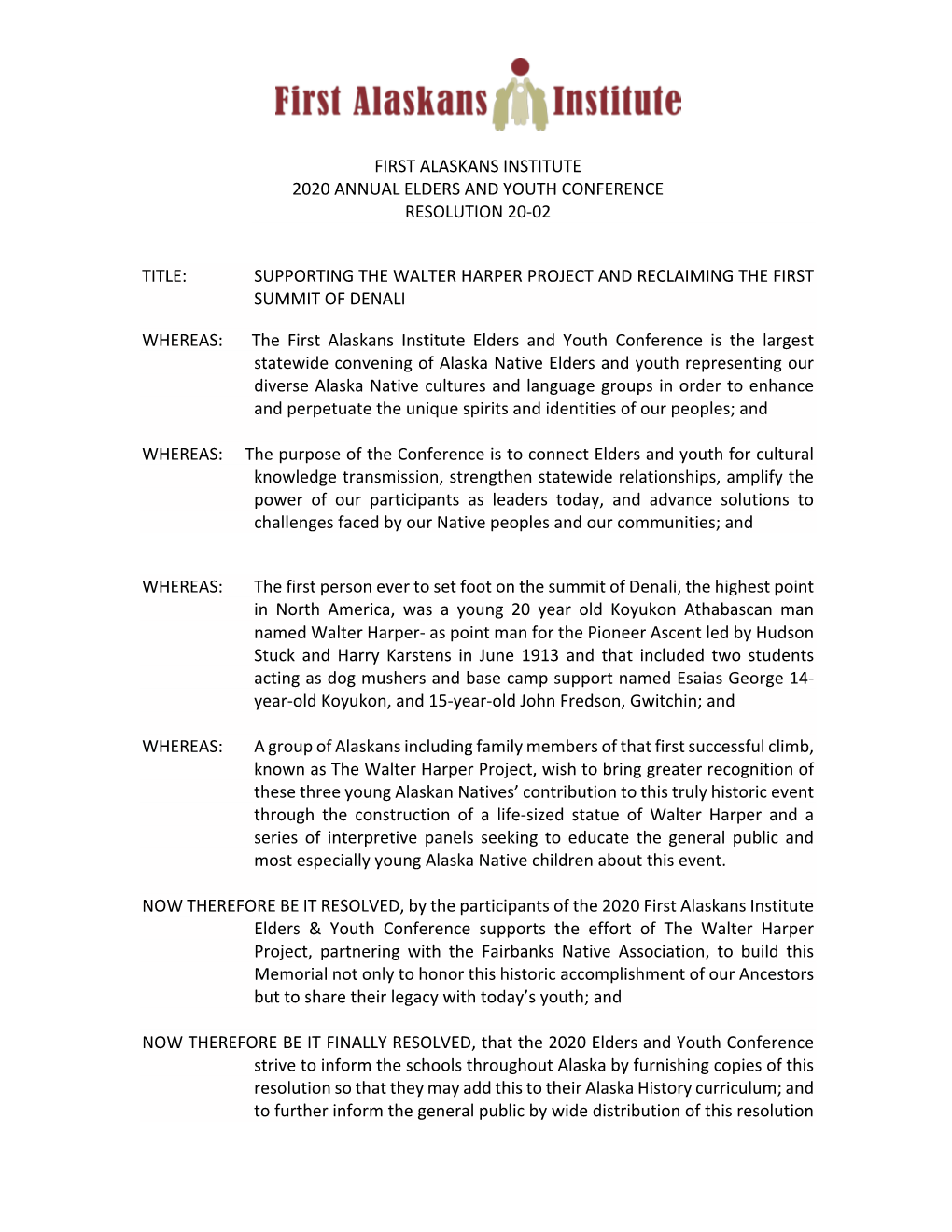 First Alaskans Institute 2020 Annual Elders and Youth Conference Resolution 20-02