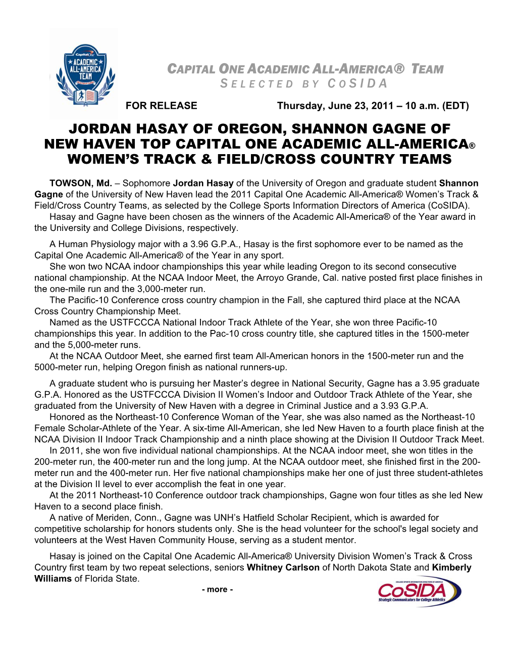 Jordan Hasay of Oregon, Shannon Gagne of New Haven Top Capital One Academic All-America® Women’S Track & Field/Cross Country Teams