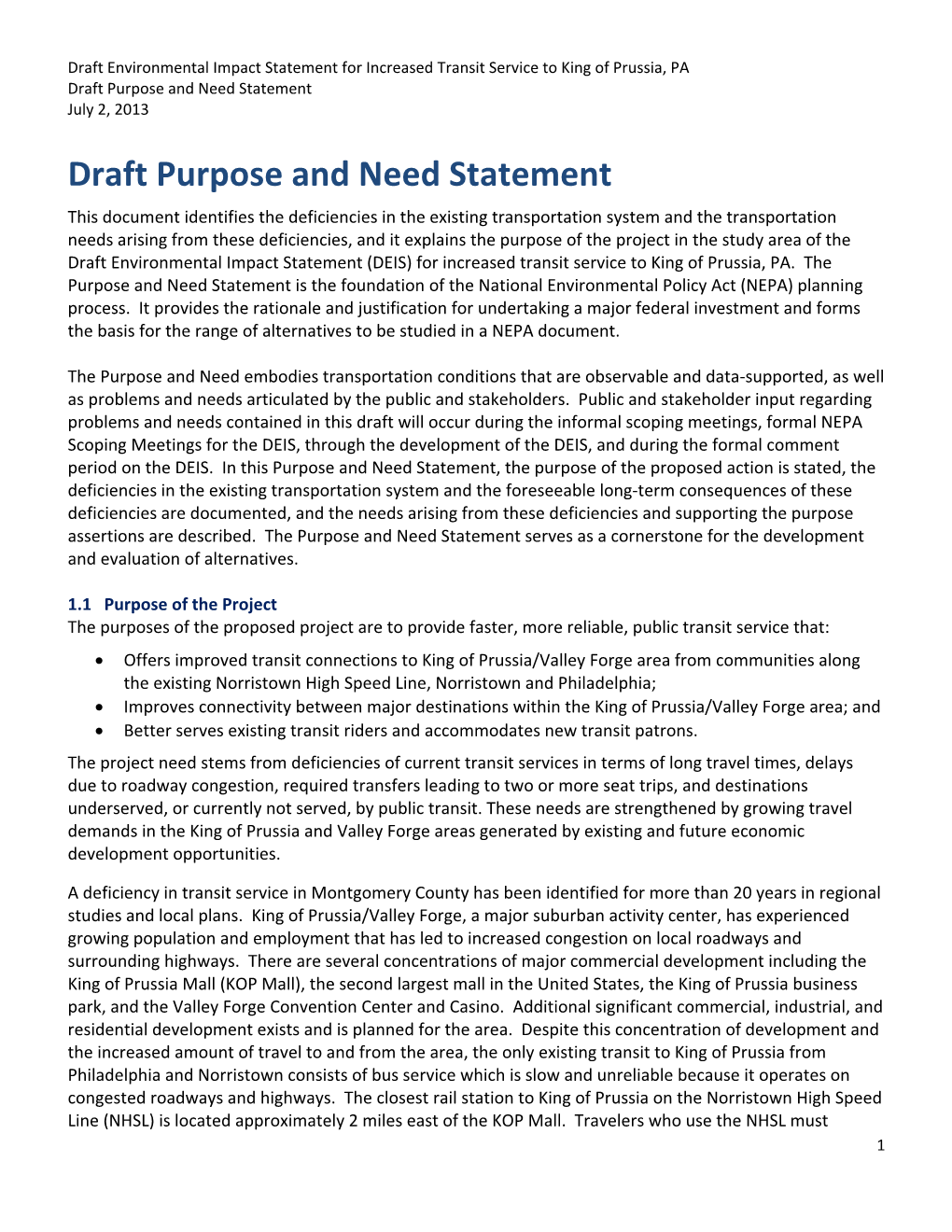 Draft Purpose and Need Statement July 2, 2013