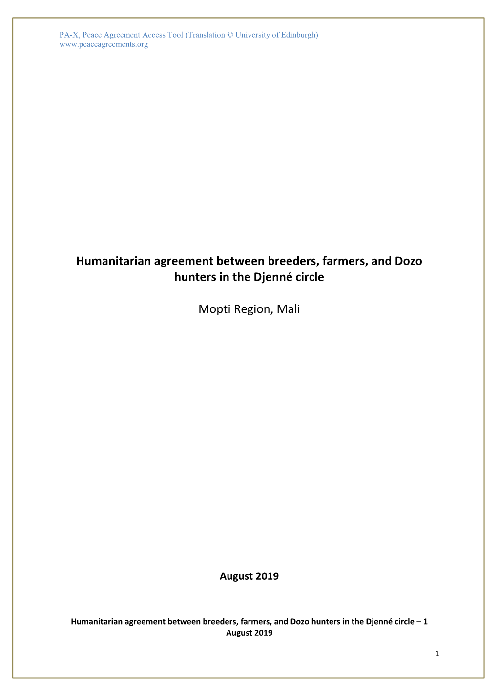 Humanitarian Agreement Between Breeders, Farmers, and Dozo Hunters in the Djenné Circle