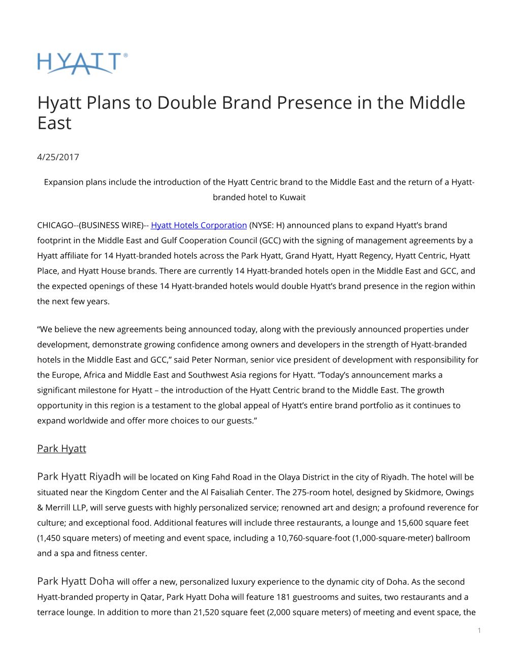 Hyatt Plans to Double Brand Presence in the Middle East