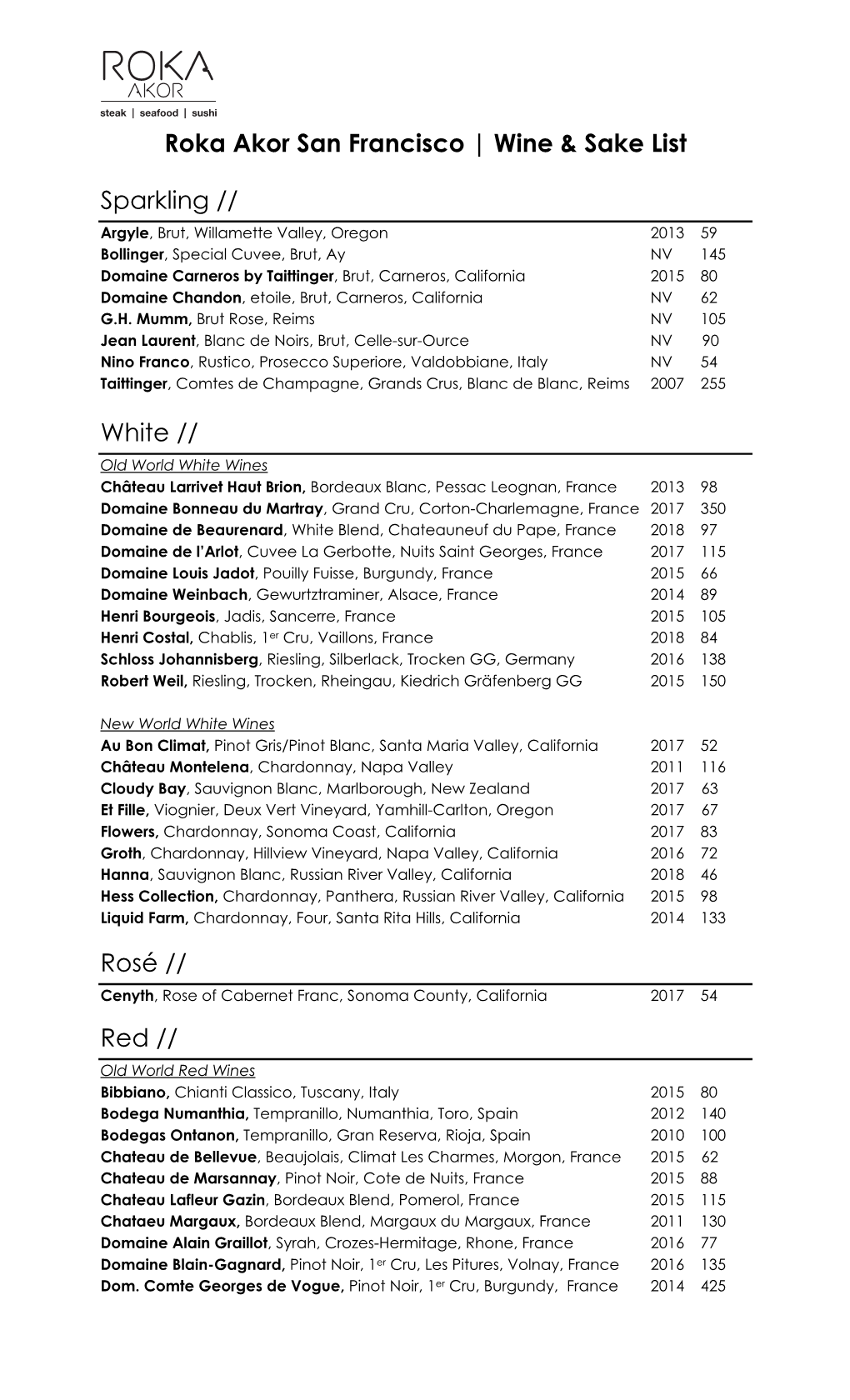 Roka Akor San Francisco | Wine & Sake List Sparkling // White // Rosé