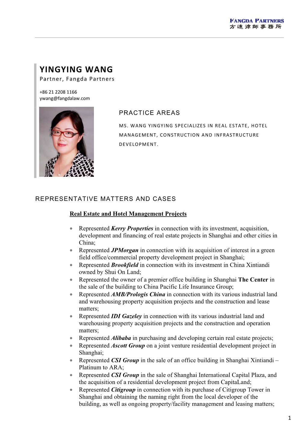 YINGYING WANG Partner, Fangda Partners