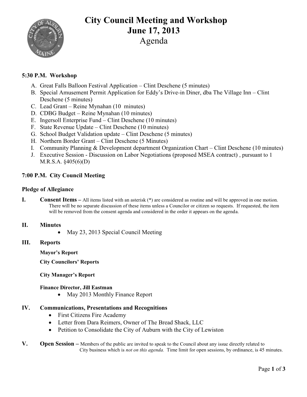 City Council Meeting and Workshop June 17, 2013 Agenda