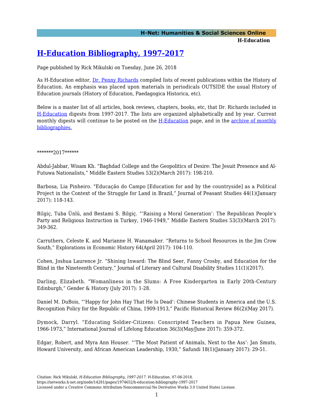 H-Education Bibliography, 1997-2017