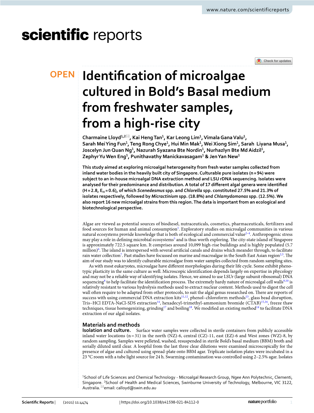 Identification of Microalgae Cultured in Bold's Basal Medium From