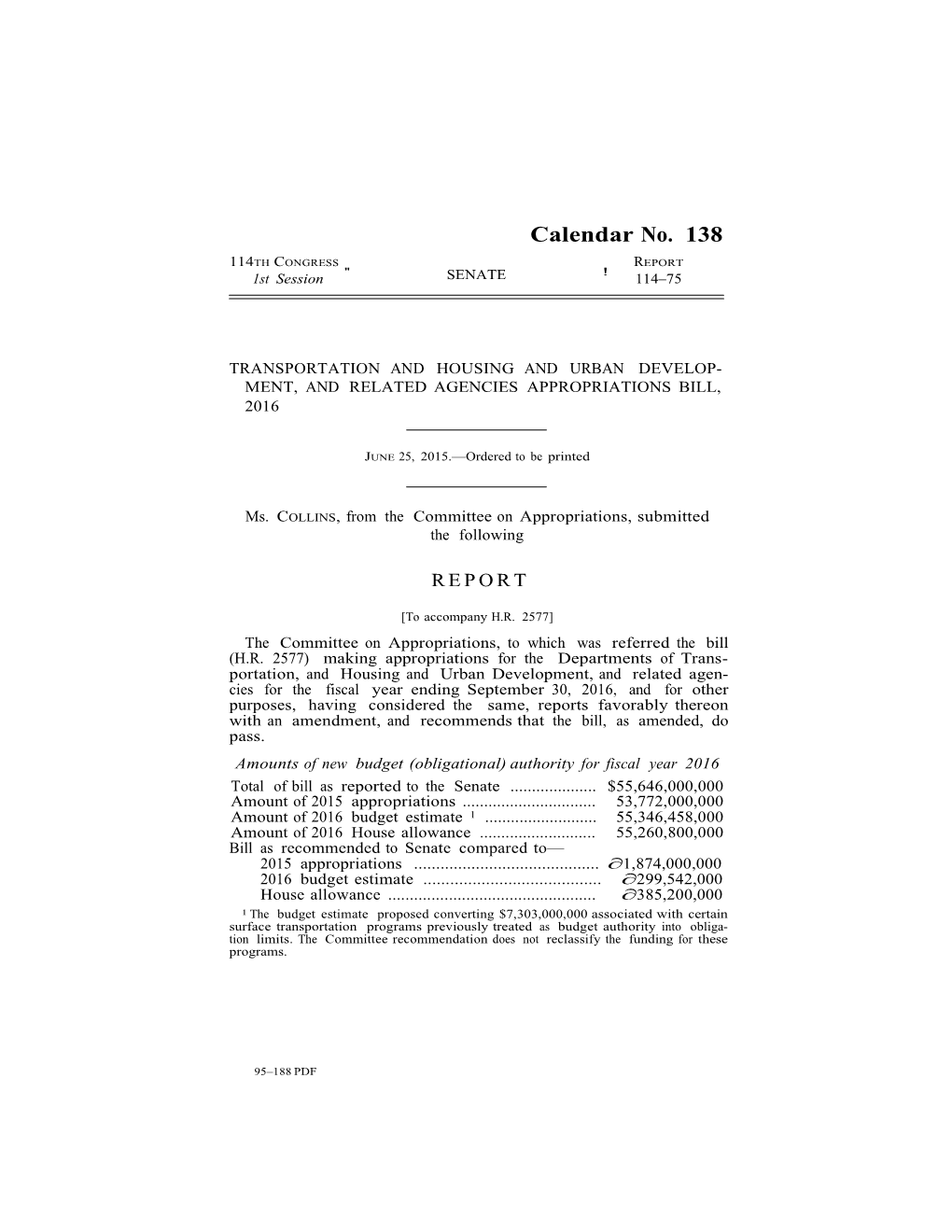 Senate FY16 THUD Report, H.R. 2577