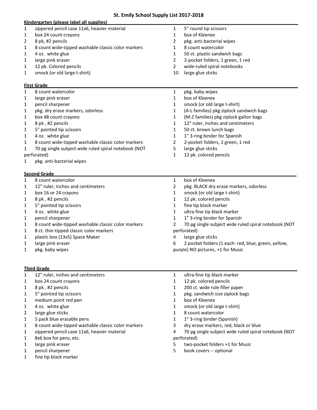 St. Emily School Supply List 2017-2018