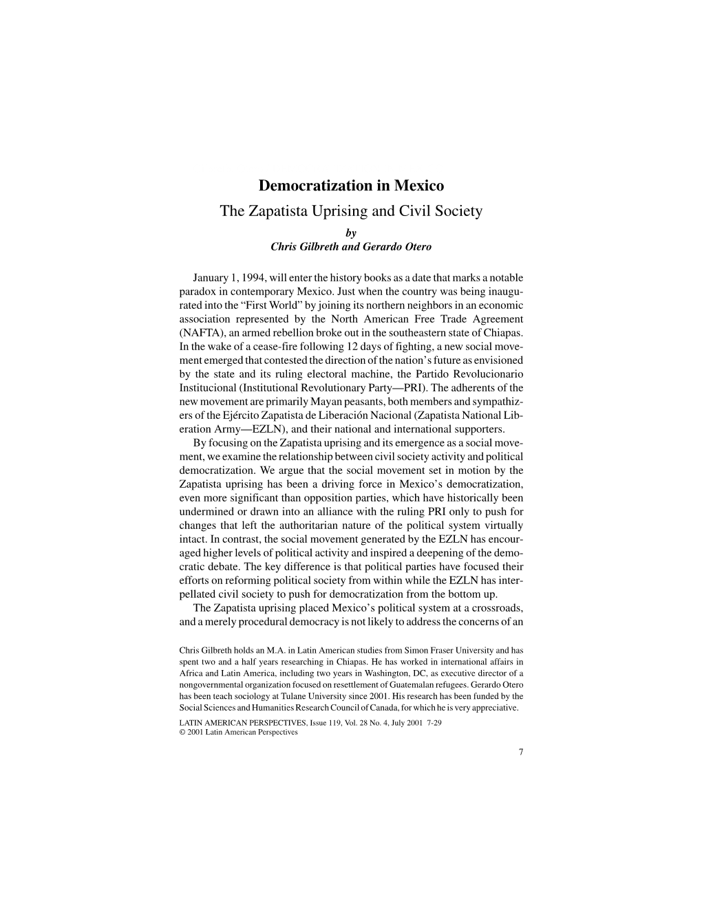 Democratization in Mexico the Zapatista Uprising and Civil Society by Chris Gilbreth and Gerardo Otero