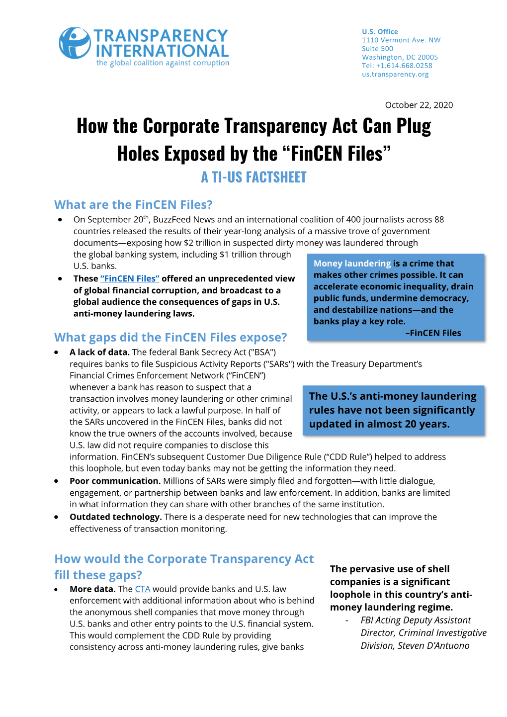 How the Corporate Transparency Act Can Plug Holes Exposed by the “Fincen Files” a TI-US FACTSHEET