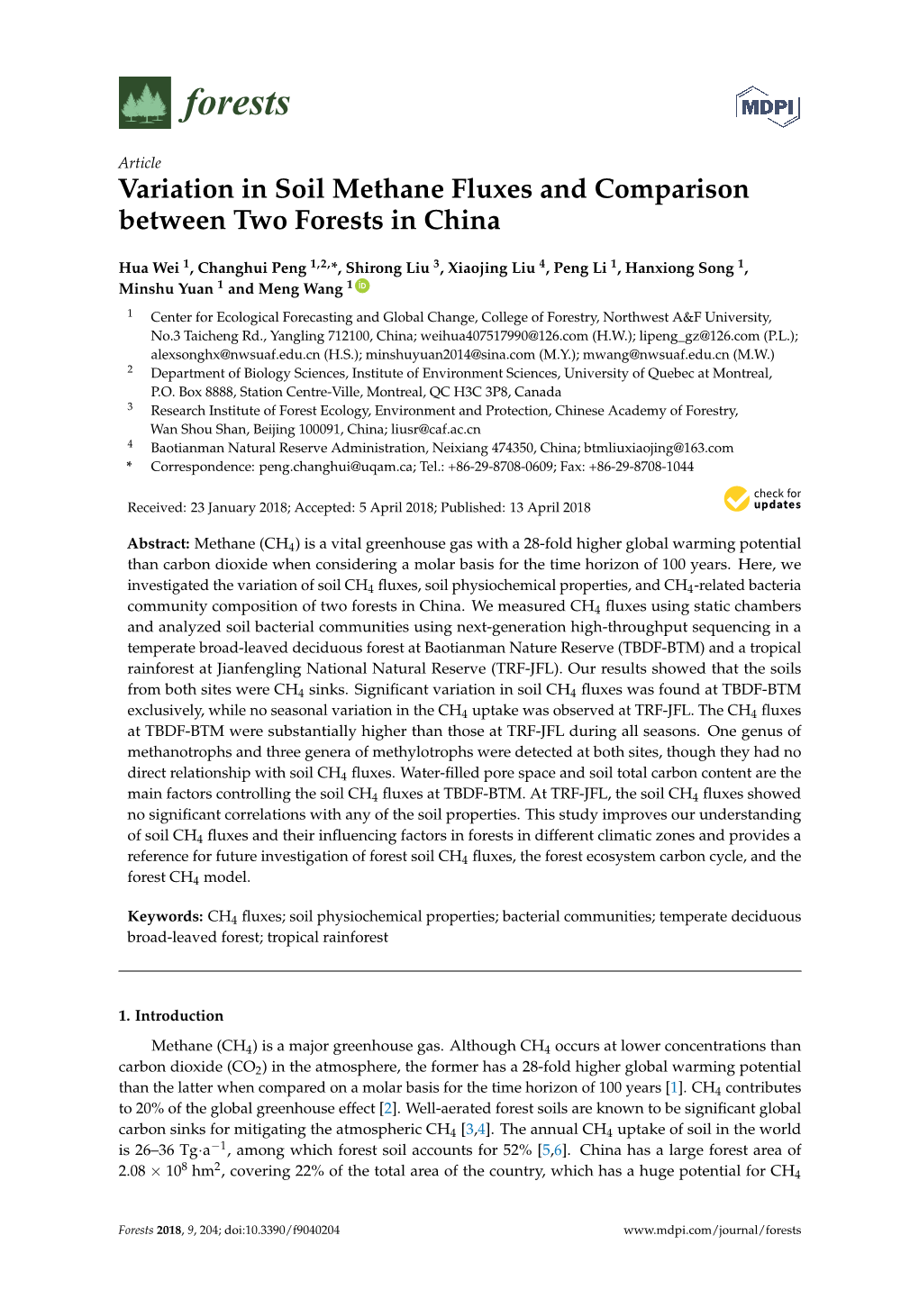 Variation in Soil Methane Fluxes and Comparison Between Two Forests in China