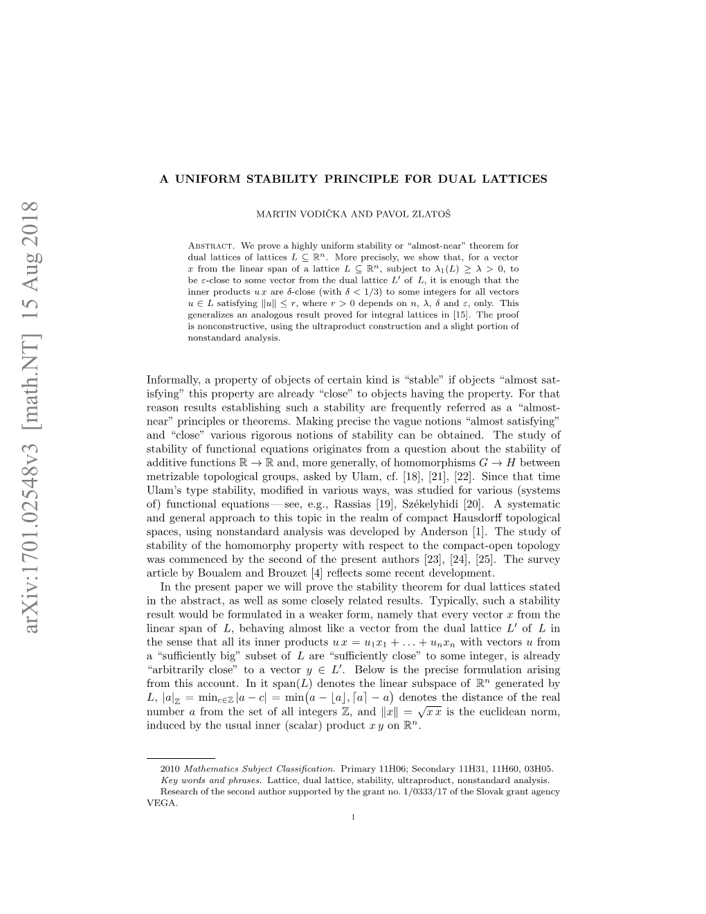 Arxiv:1701.02548V3 [Math.NT] 15 Aug 2018 Nue Yteuulinr(Clr Product (Scalar) Inner Usual the by Induced Tblt Ffntoa Qain Rgntsfo Usinaott Th About Question Obtained