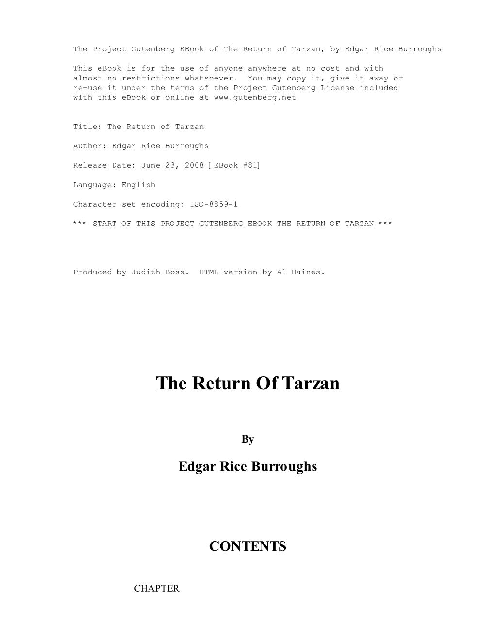 The Return of Tarzan, by Edgar Rice Burroughs