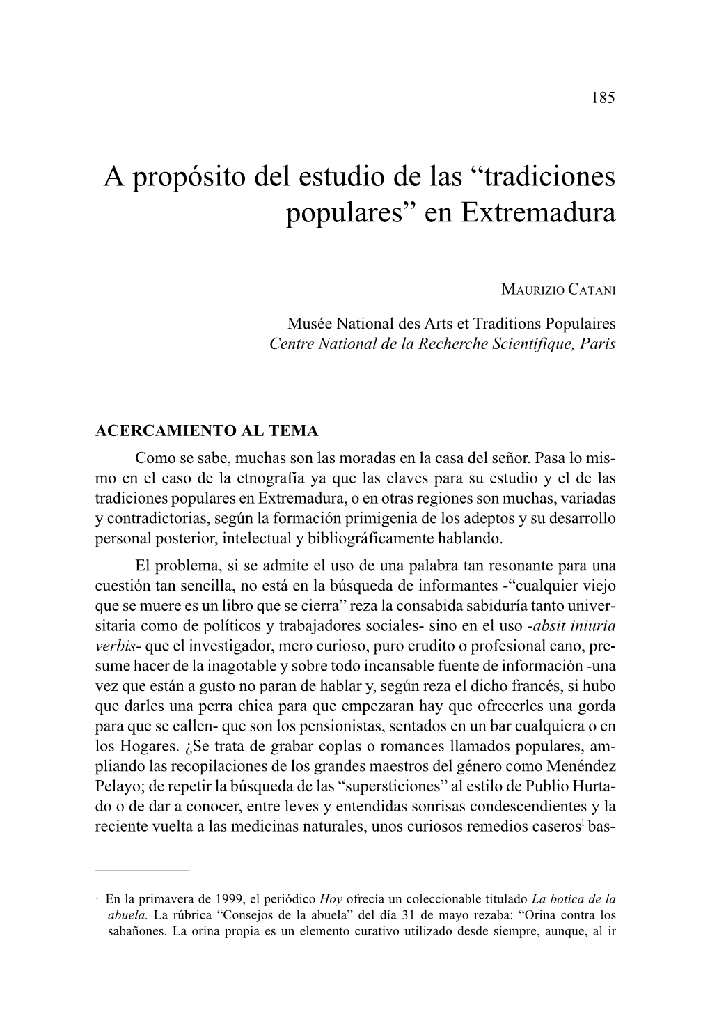 A Propósito Del Estudio De Las “Tradiciones Populares” En Extremadura