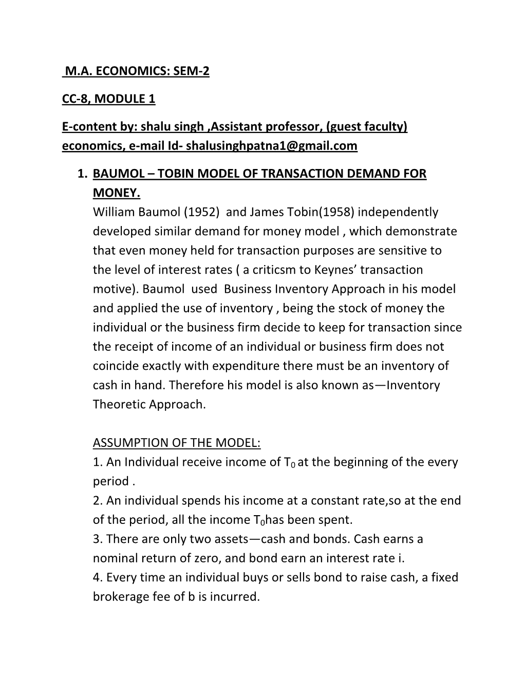 MA ECONOMICS: SEM-2 CC-8, MODULE 1 E-Content By: Shalu Singh ,Assistant Professor