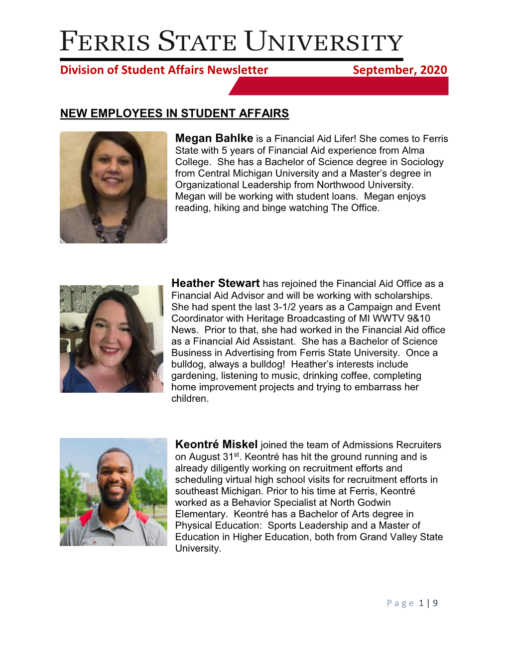 Division of Student Affairs Newsletter September, 2020