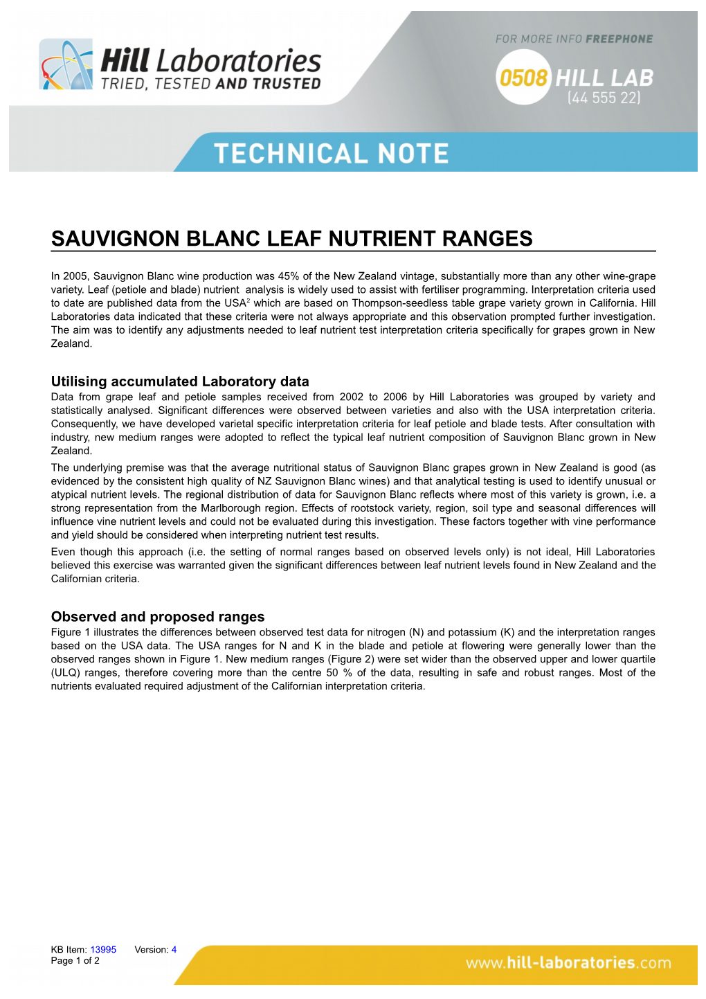 Sauvignon Blanc Leaf Nutrient Ranges