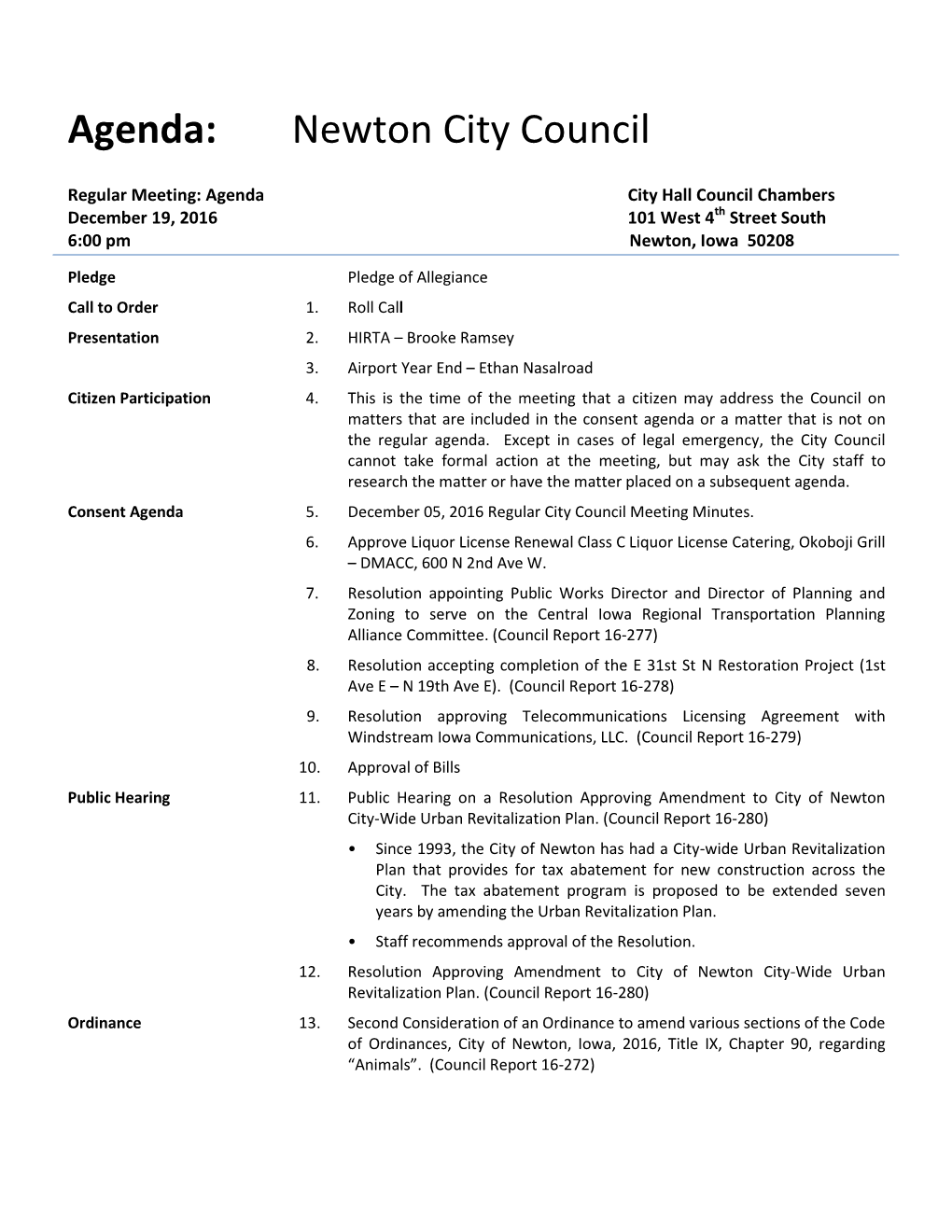 Agenda: Newton City Council