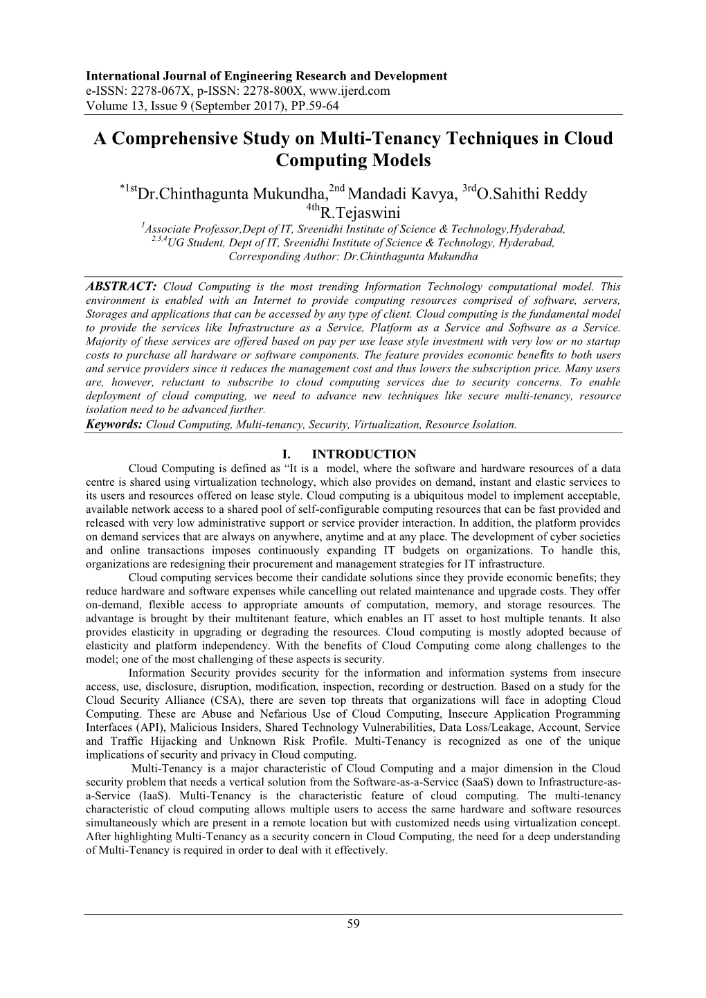 A Comprehensive Study on Multi-Tenancy Techniques in Cloud Computing Models