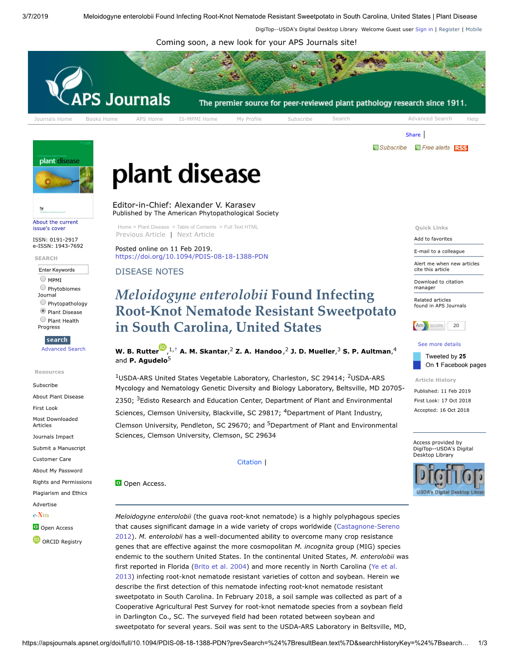 Meloidogyne Enterolobii Found Infecting Root-Knot Nematode Resistant Sweetpotato in South Carolina, United States | Plant Disease